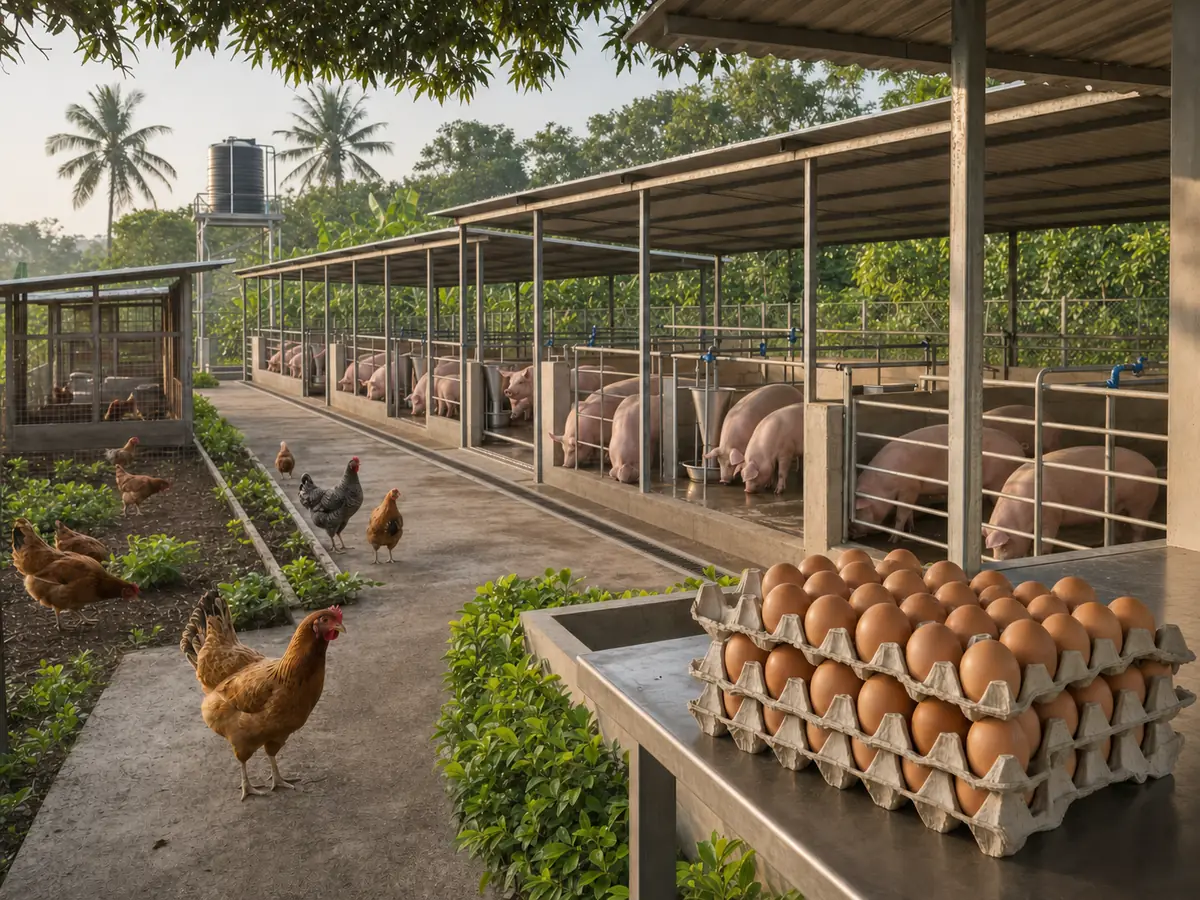 La ferme MSK Matadi-Mayo : porcherie, poules et plateaux d'œufs