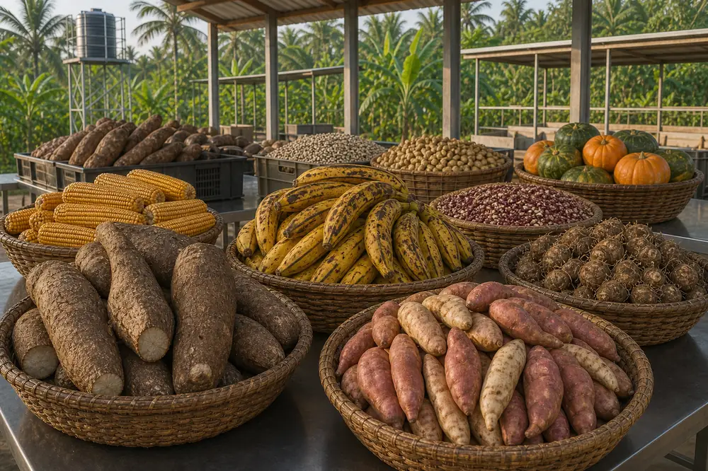 Vivres locaux : manioc, plantain, maïs et arachides